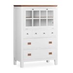 Cómoda puerta abatible y cajones de estilo colonial. Acabado en blanco y color madera. Colección Everest. Muebles El Tavolino