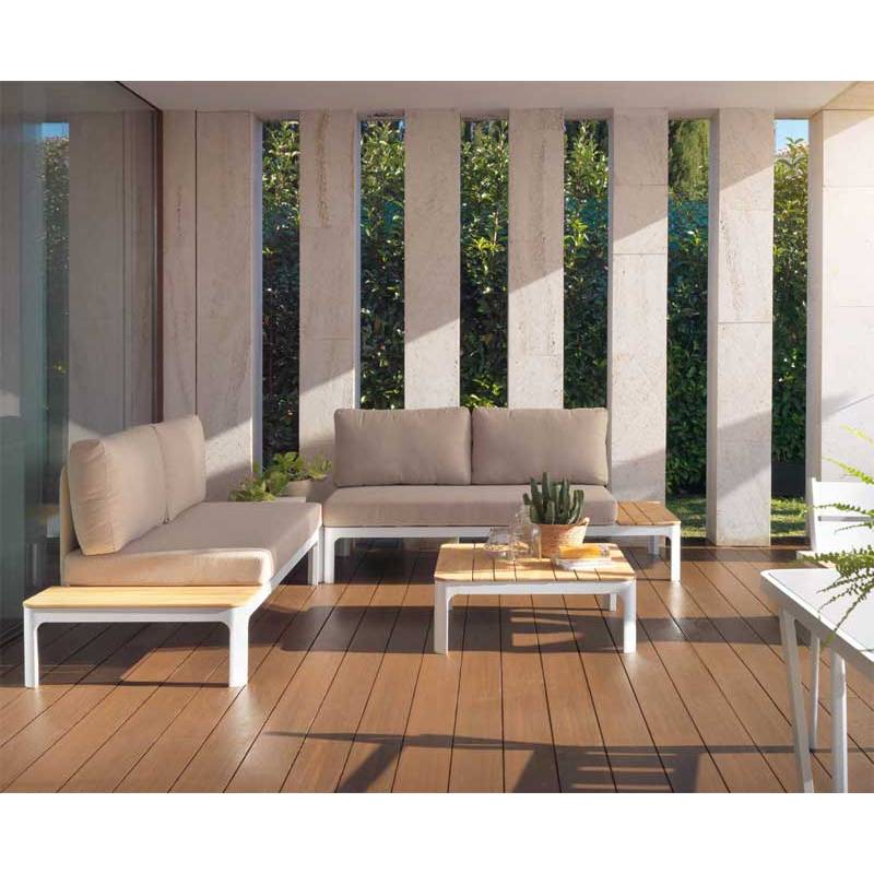 conjunto sofás para exterior, alta gama en aluminio blanco y teka. Mobiliario de exterior El Tavolino