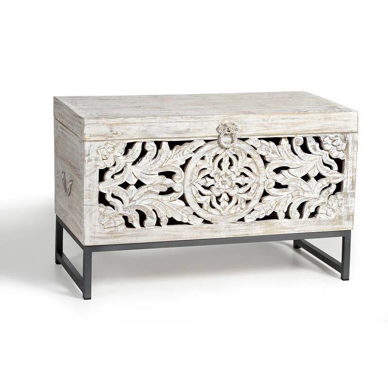 Baúl pequeño colección Mándala. Madera de mango tallado en color blanco envejecido. Muebles El Tavolino