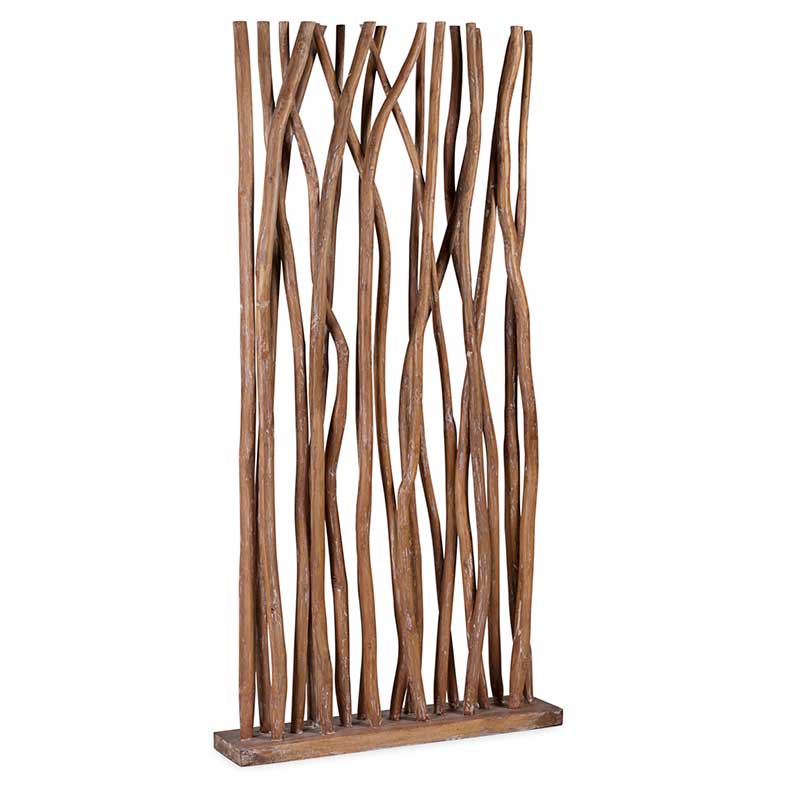 Separador de madera de teca. Formado por palos verticales. Muebles El Tavolino