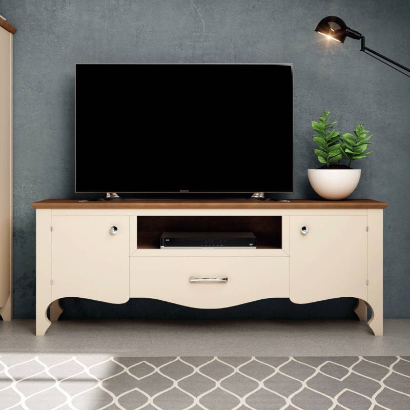 Mesa televisión madera lacada color blanco roto. Colección Praga.El Tavolino