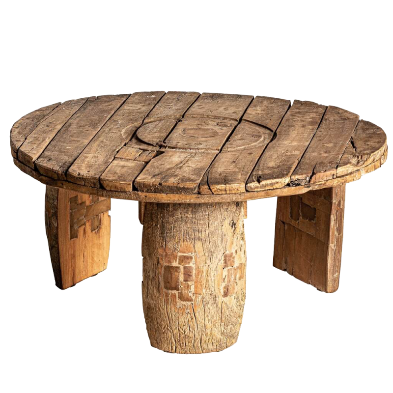 Mesa de centro redonda. Estilo étnico, hecha a mano con madera reciclada de mango. Modelo Badai. El Tavolino