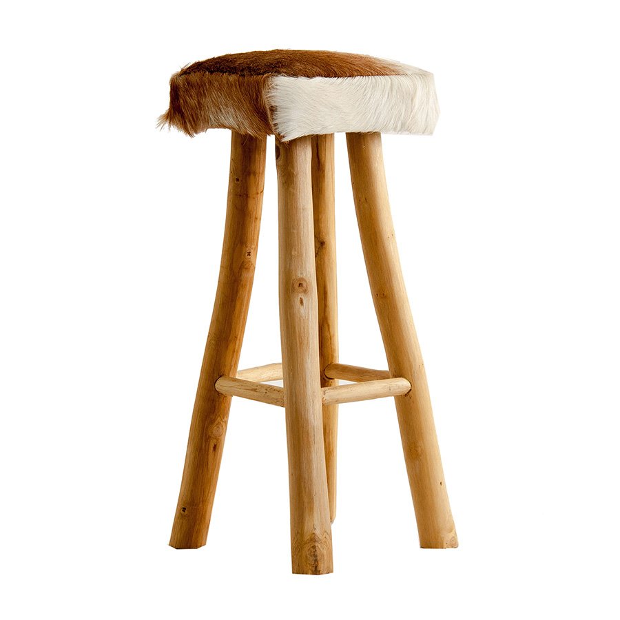 taburete Dallas Taburete de madera natural reciclada, asiento piel de vaca. El Tavolino
