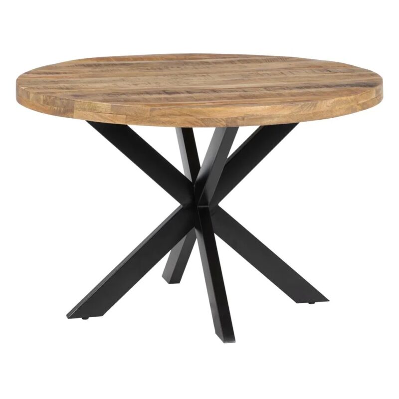 Mesa comedor redonda de 120 cm. de diámetro. Madera de mango y pata central en metal negro