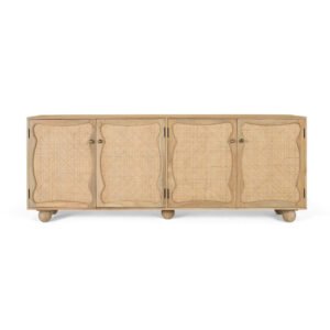 Aparador rústico de madera maciza de mango con cuatro puertas y rejilla natural.