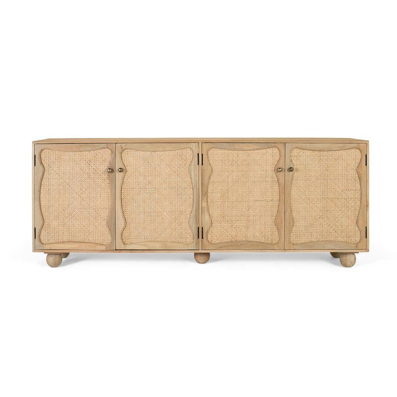 Aparador rústico de madera maciza de mango con cuatro puertas y rejilla natural.